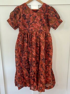 YW hand block print cotton floral midi summer dress rust v-neck L boho